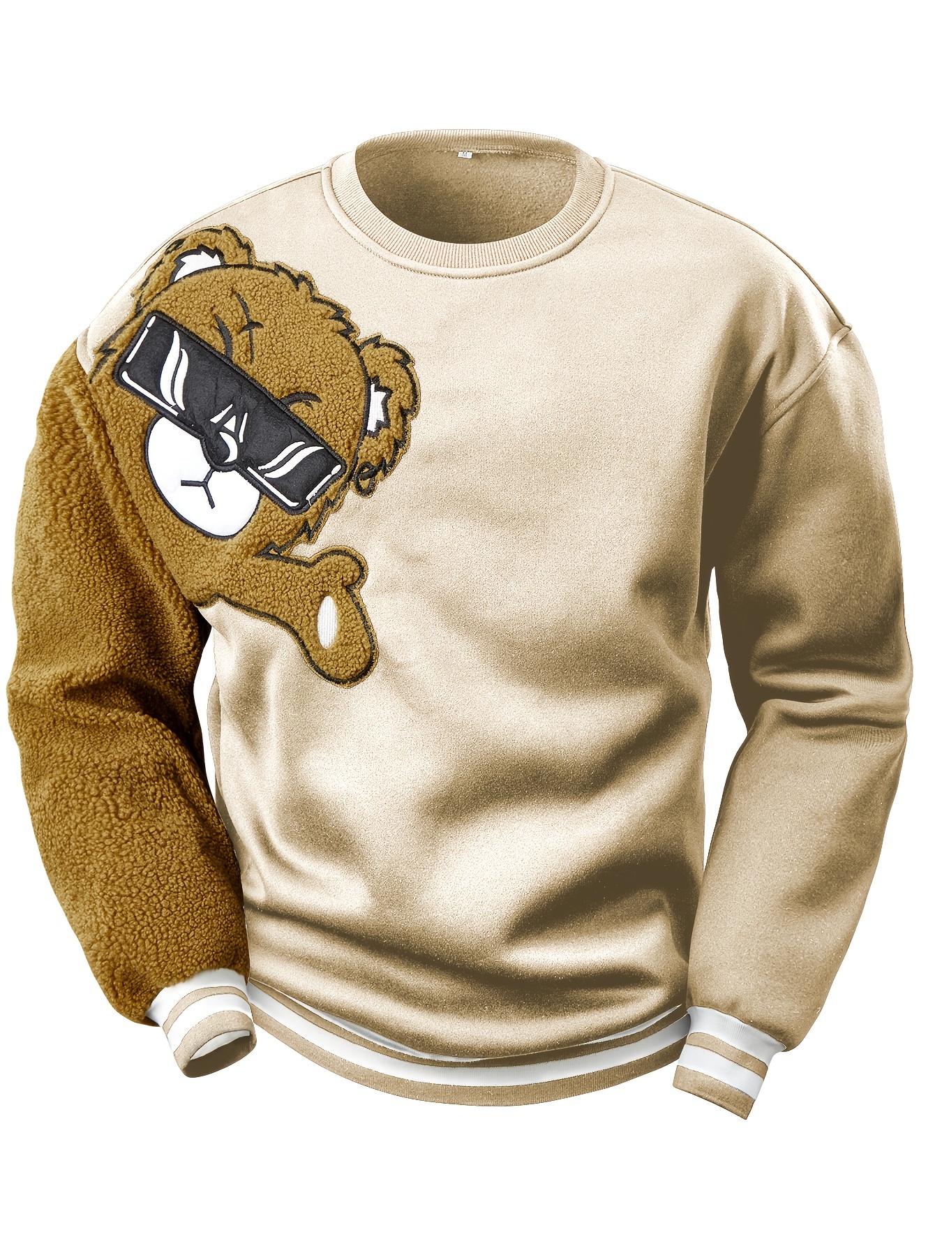 mens cartoon bear embroidery crew neck sweatshirt loose fit sports tops details 30