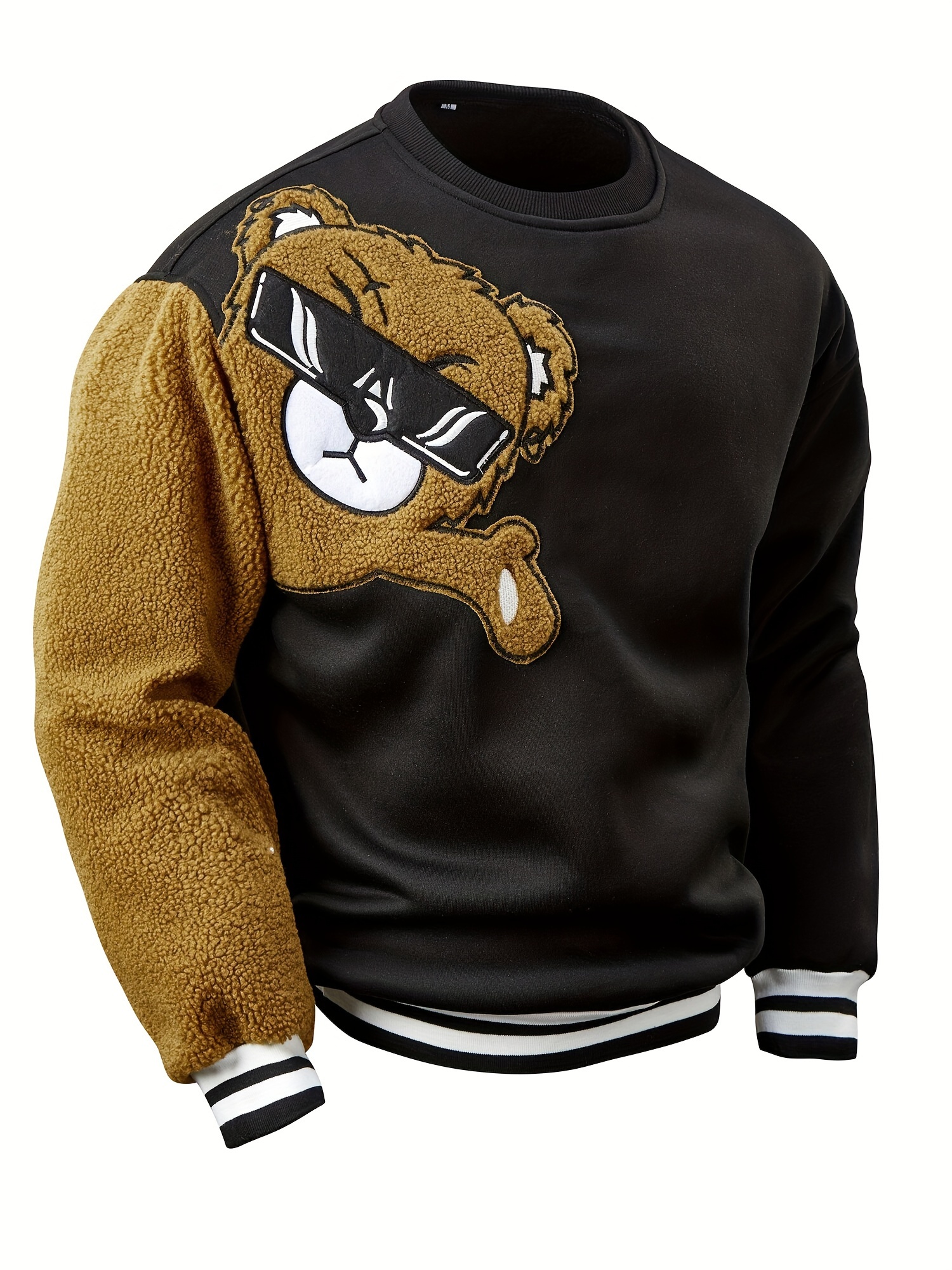 mens cartoon bear embroidery crew neck sweatshirt loose fit sports tops details 46