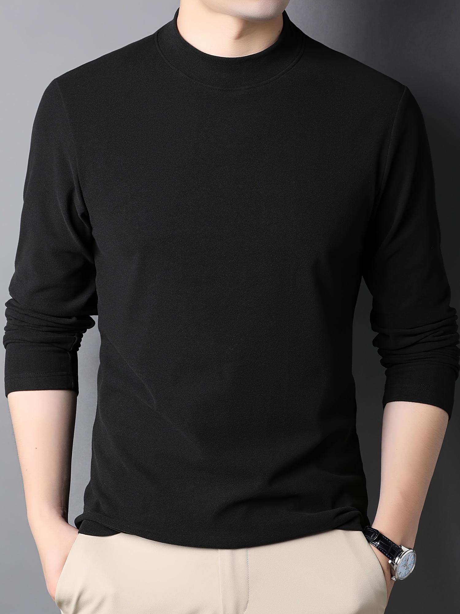 solid mens slim mock neck long sleeve active t shirt tee casual comfy shirts for winter fall mens clothing tops details 3