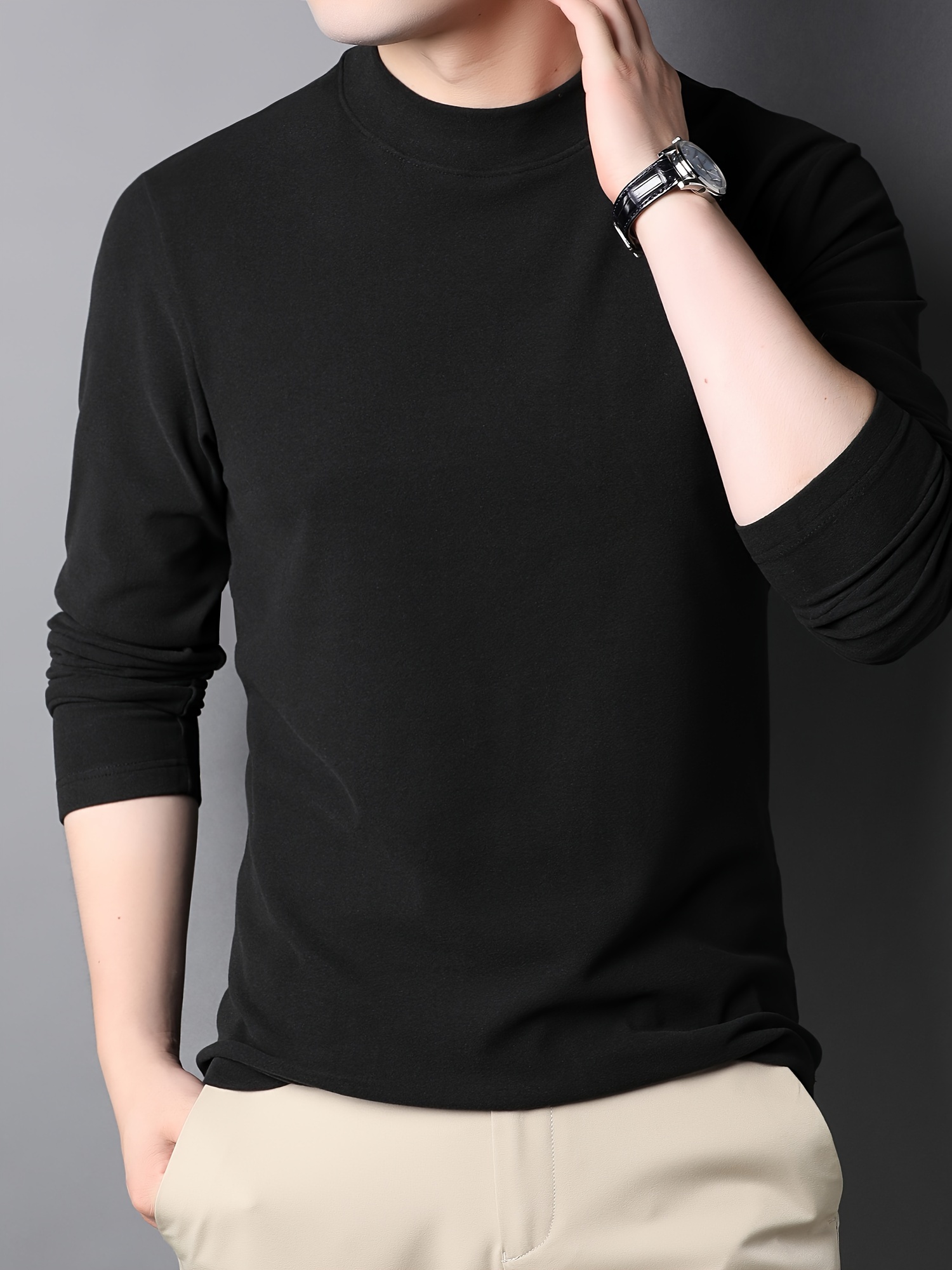 solid mens slim mock neck long sleeve active t shirt tee casual comfy shirts for winter fall mens clothing tops details 4