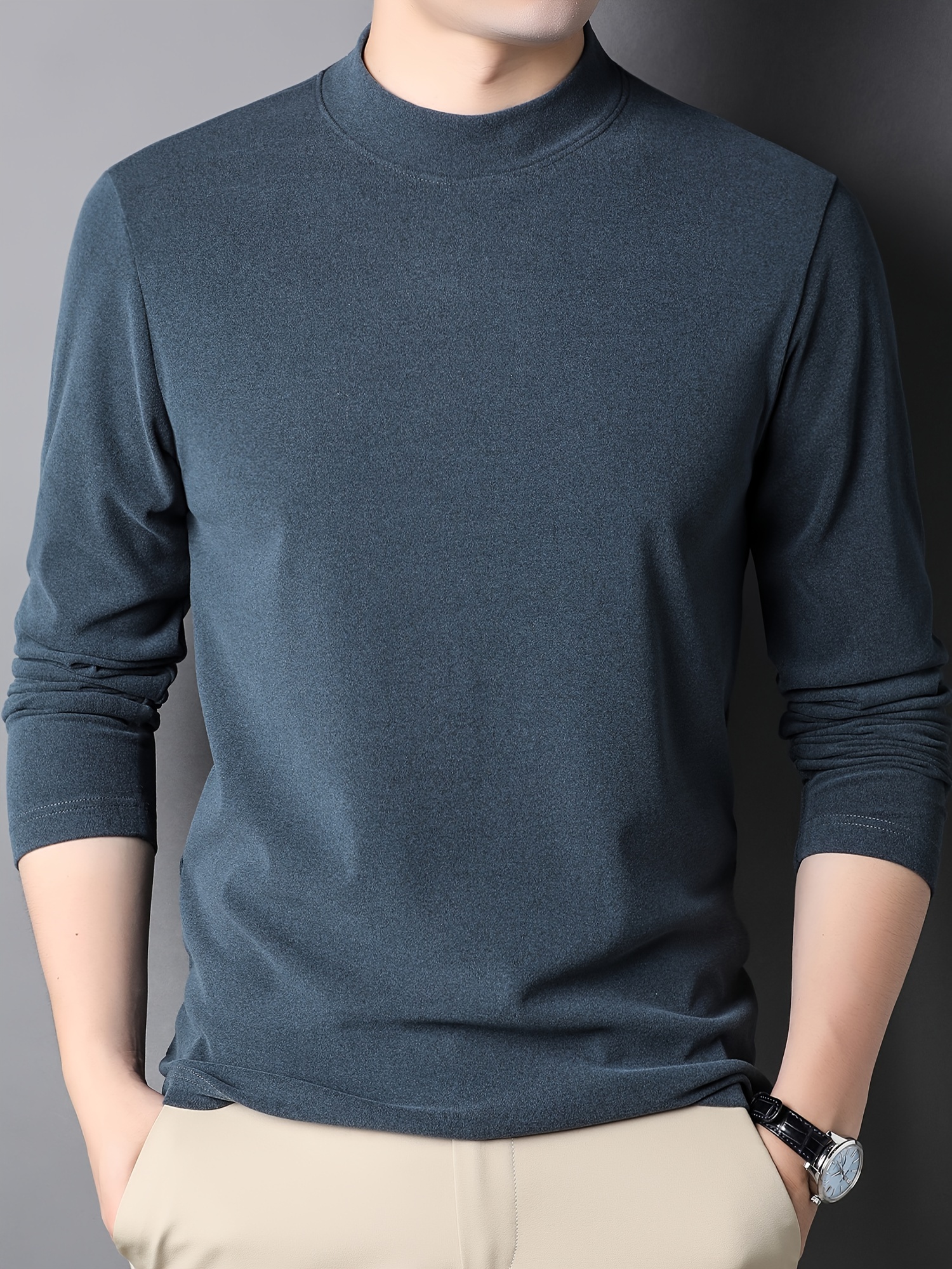 solid mens slim mock neck long sleeve active t shirt tee casual comfy shirts for winter fall mens clothing tops details 5