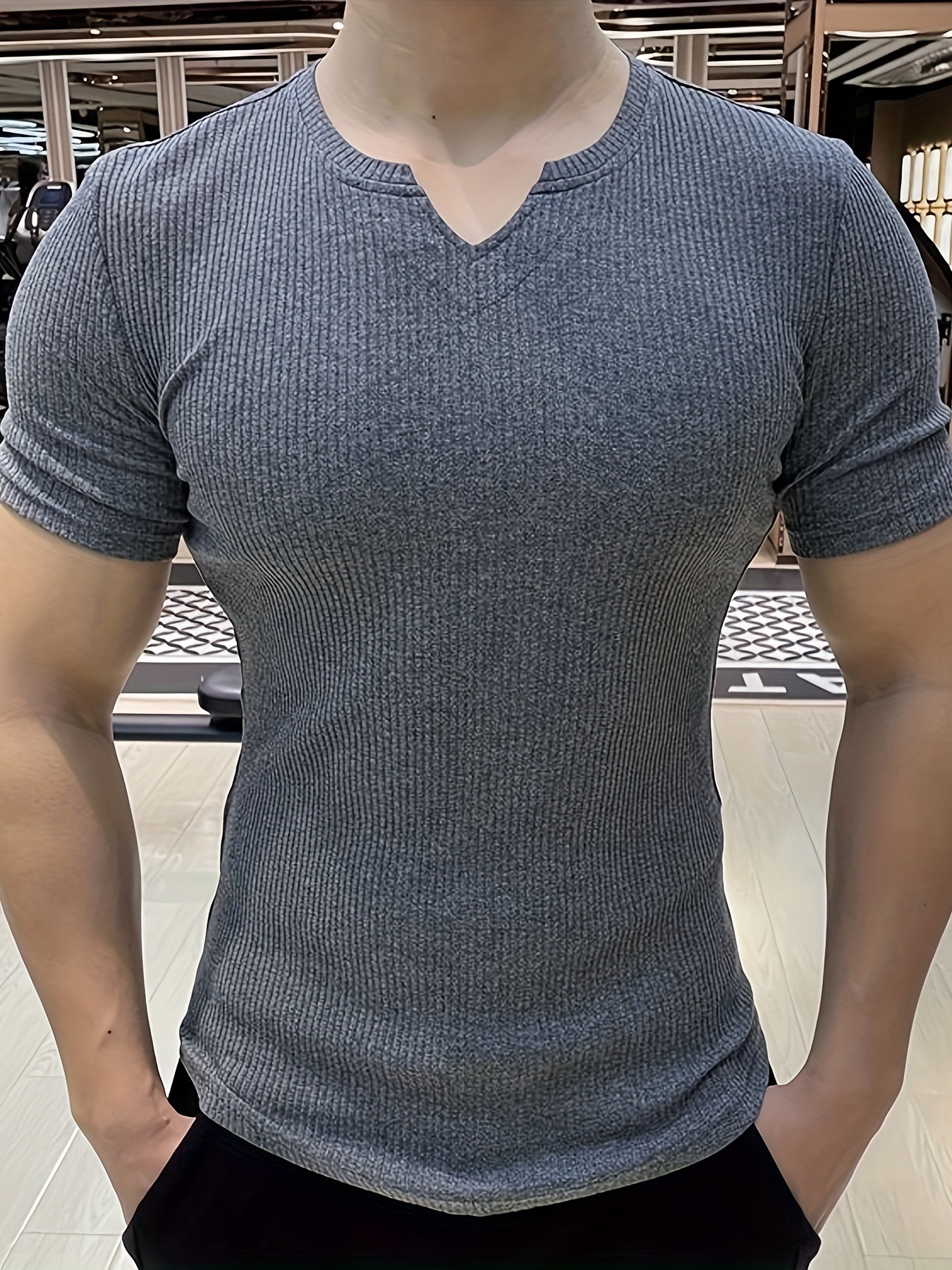 mens stylish solid shirt casual breathable v neck short sleeve tee top for city walk street hanging outdoor activities details 2