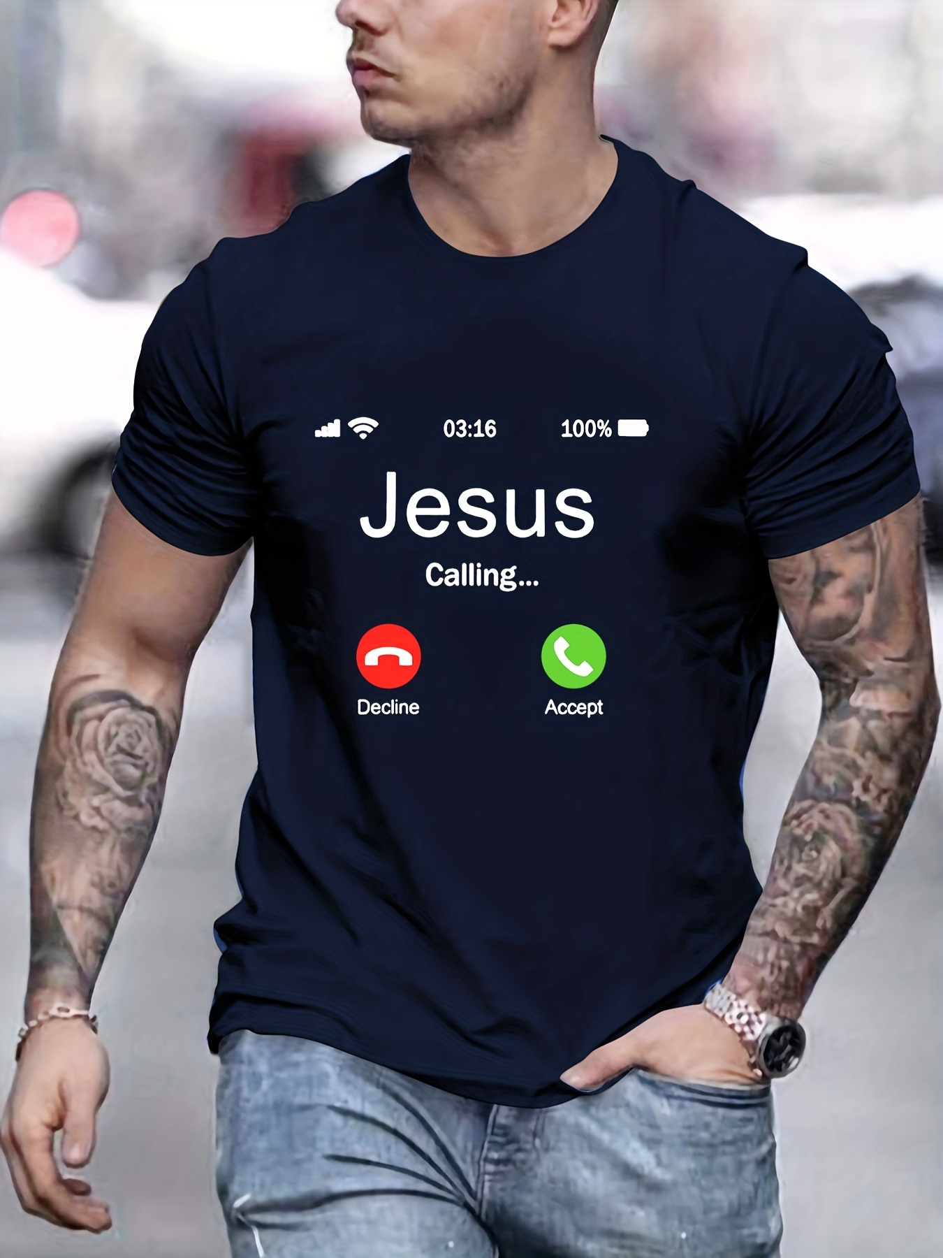 jesus calling creative pattern mens t shirt for summer outdoor mens trendy crew neck tops details 0