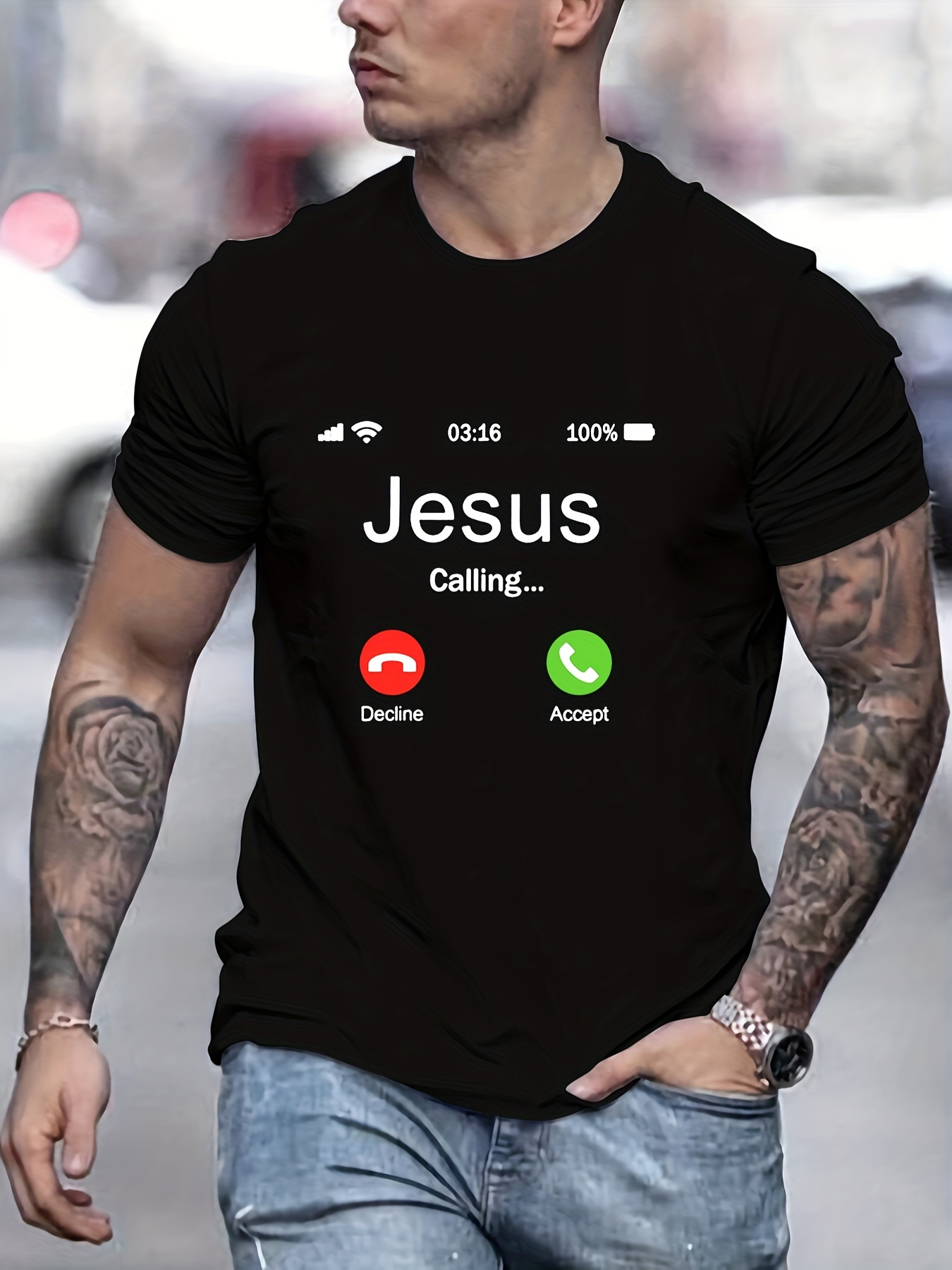 jesus calling creative pattern mens t shirt for summer outdoor mens trendy crew neck tops details 15