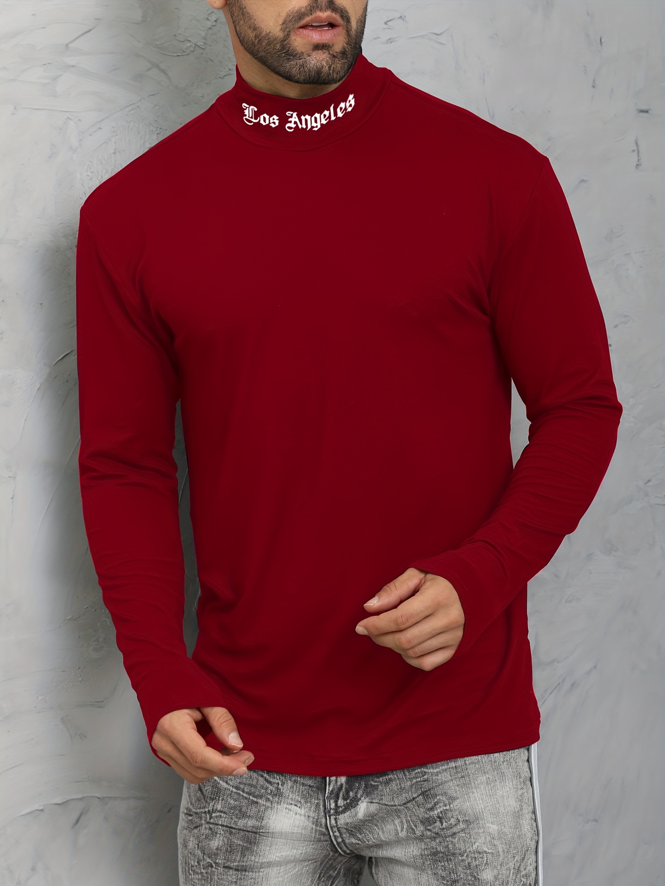 los angeles print mens casual turtleneck long sleeve fit slim t shirt spring fall details 10