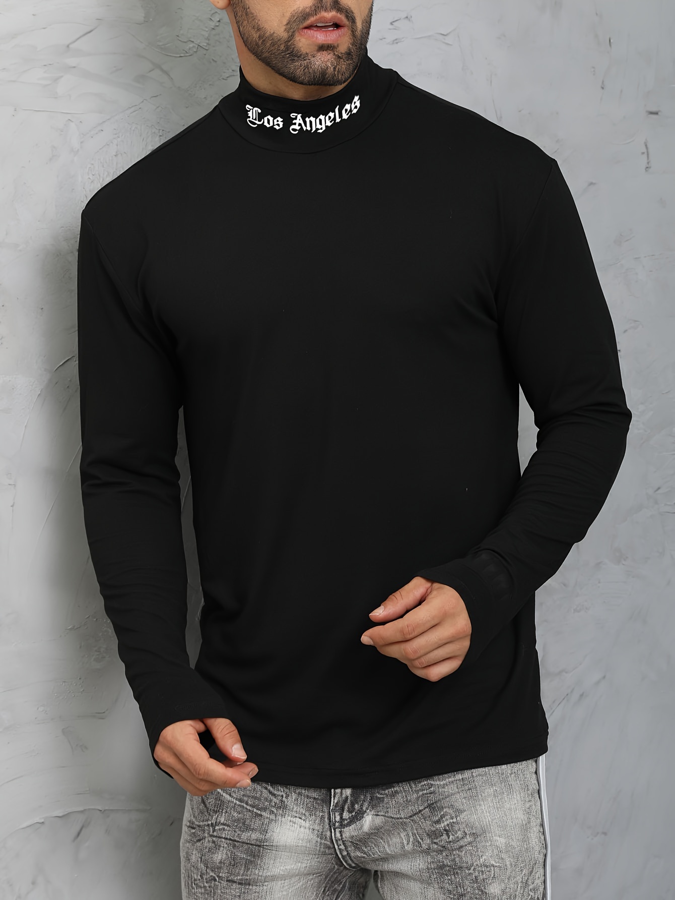 los angeles print mens casual turtleneck long sleeve fit slim t shirt spring fall details 15