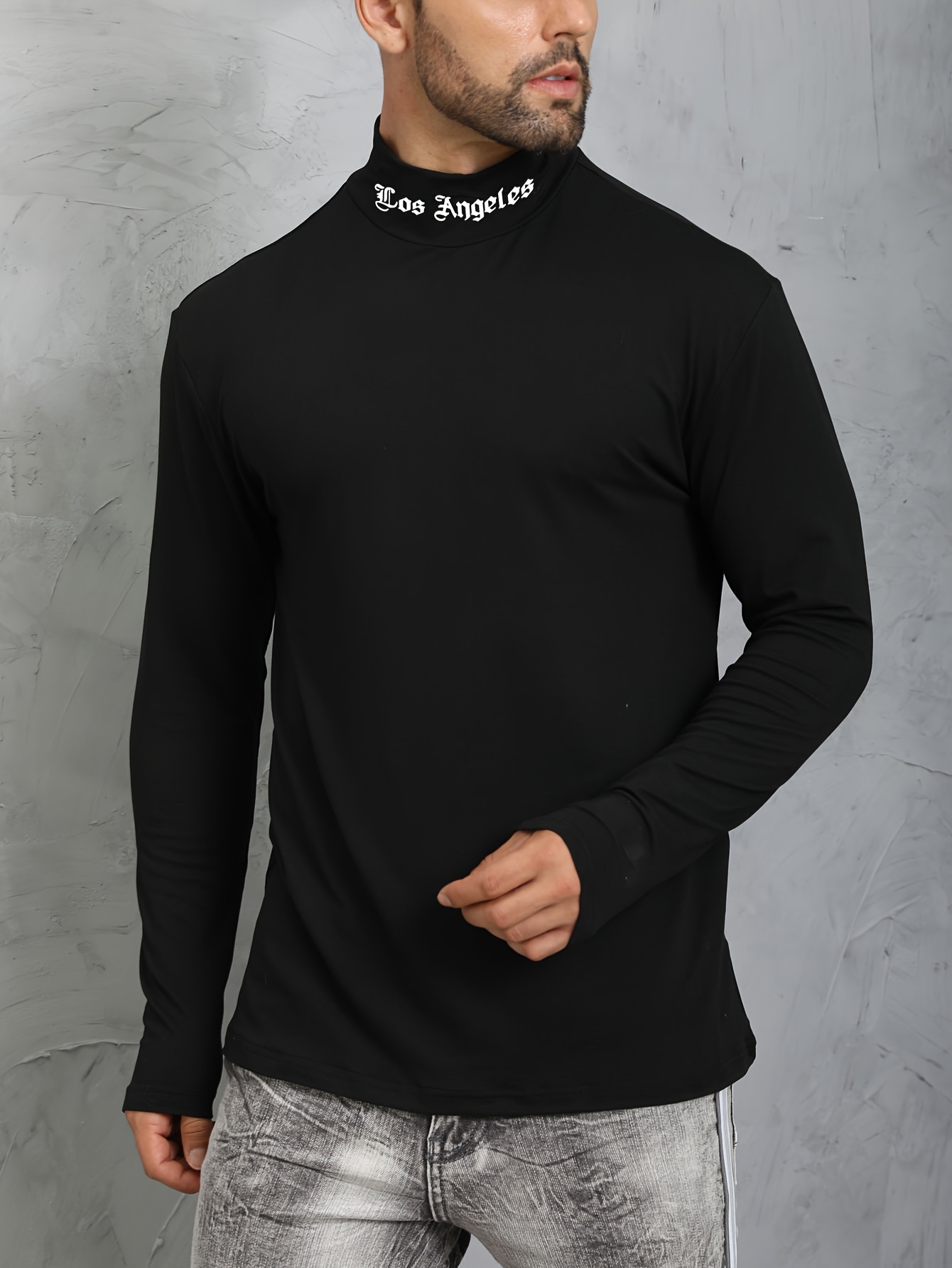 los angeles print mens casual turtleneck long sleeve fit slim t shirt spring fall details 17