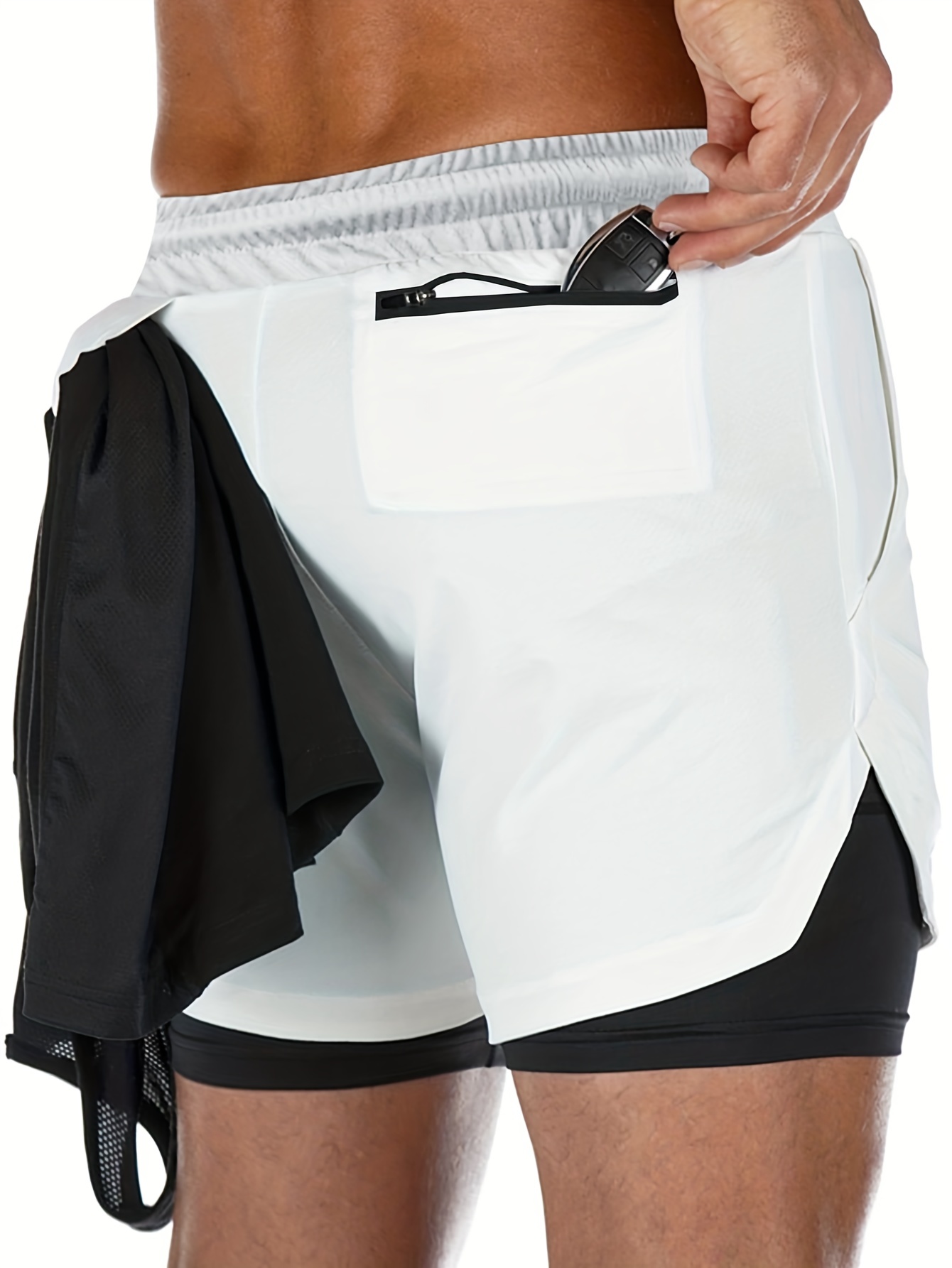 2 in 1 double layer shorts with inner pocket mens mid stretch sports shorts for summer gym workout training details 11