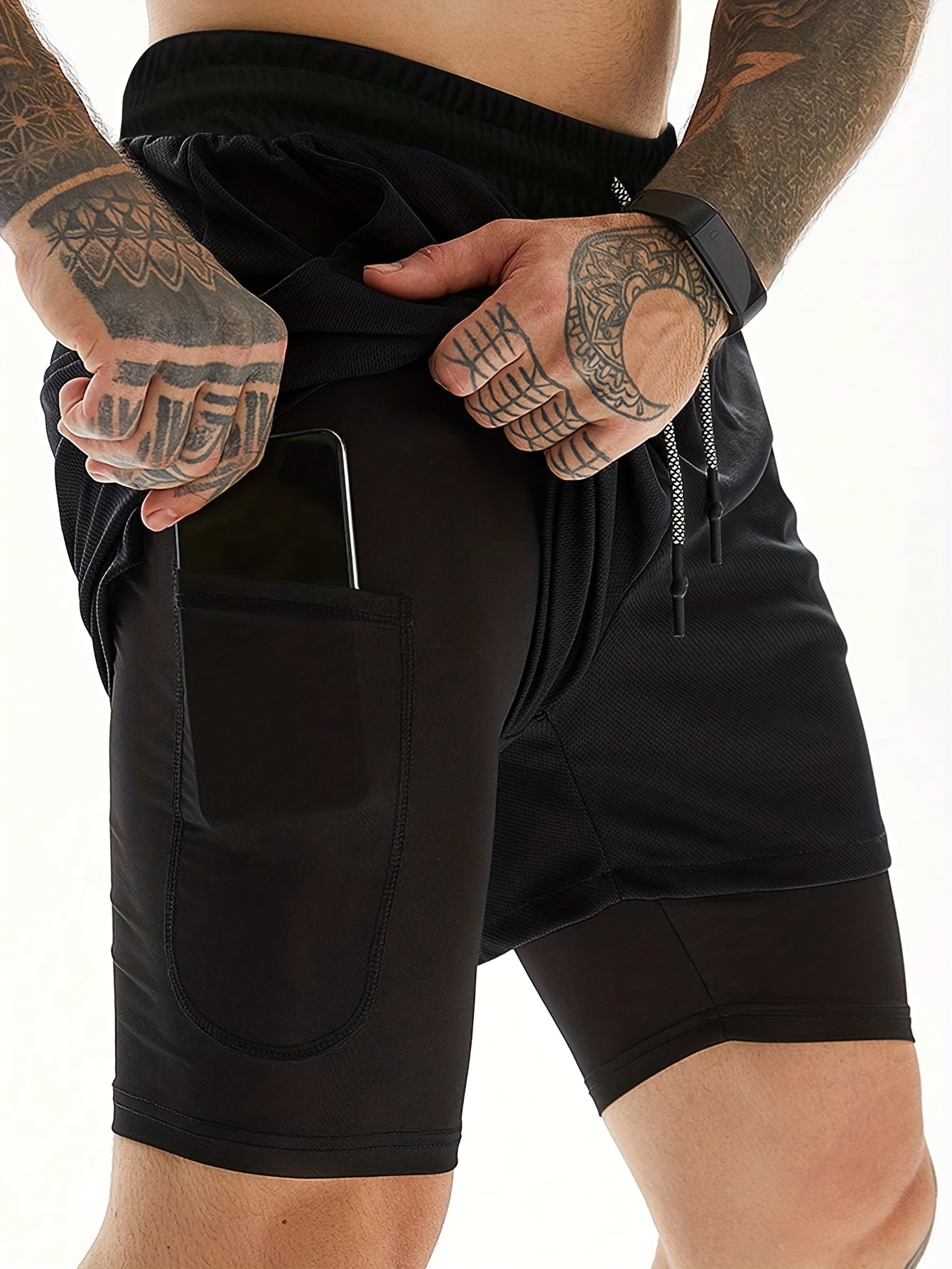 2 in 1 double layer shorts with inner pocket mens mid stretch sports shorts for summer gym workout training details 15