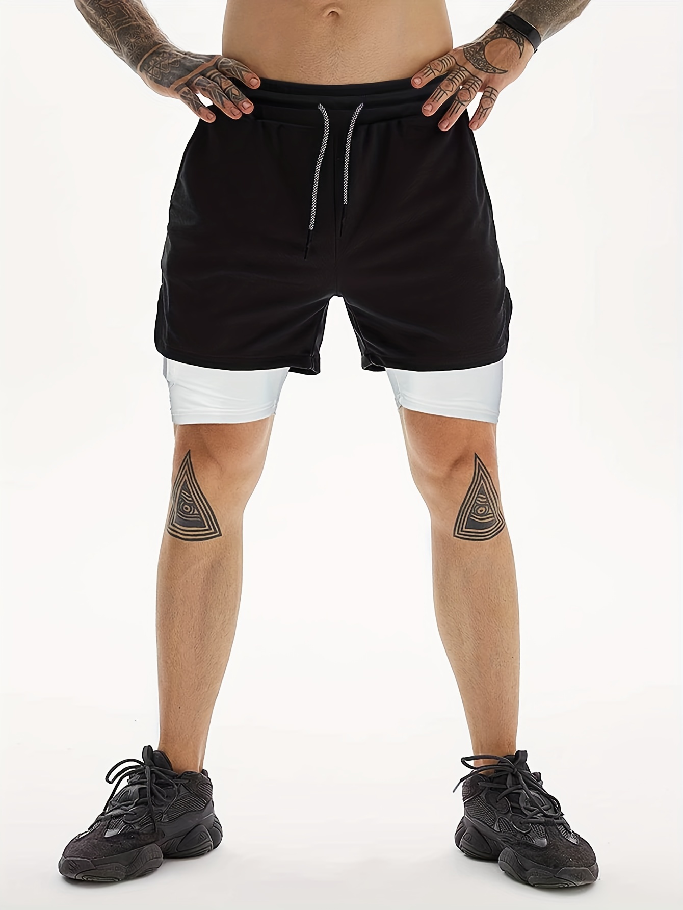 2 in 1 double layer shorts with inner pocket mens mid stretch sports shorts for summer gym workout training details 28