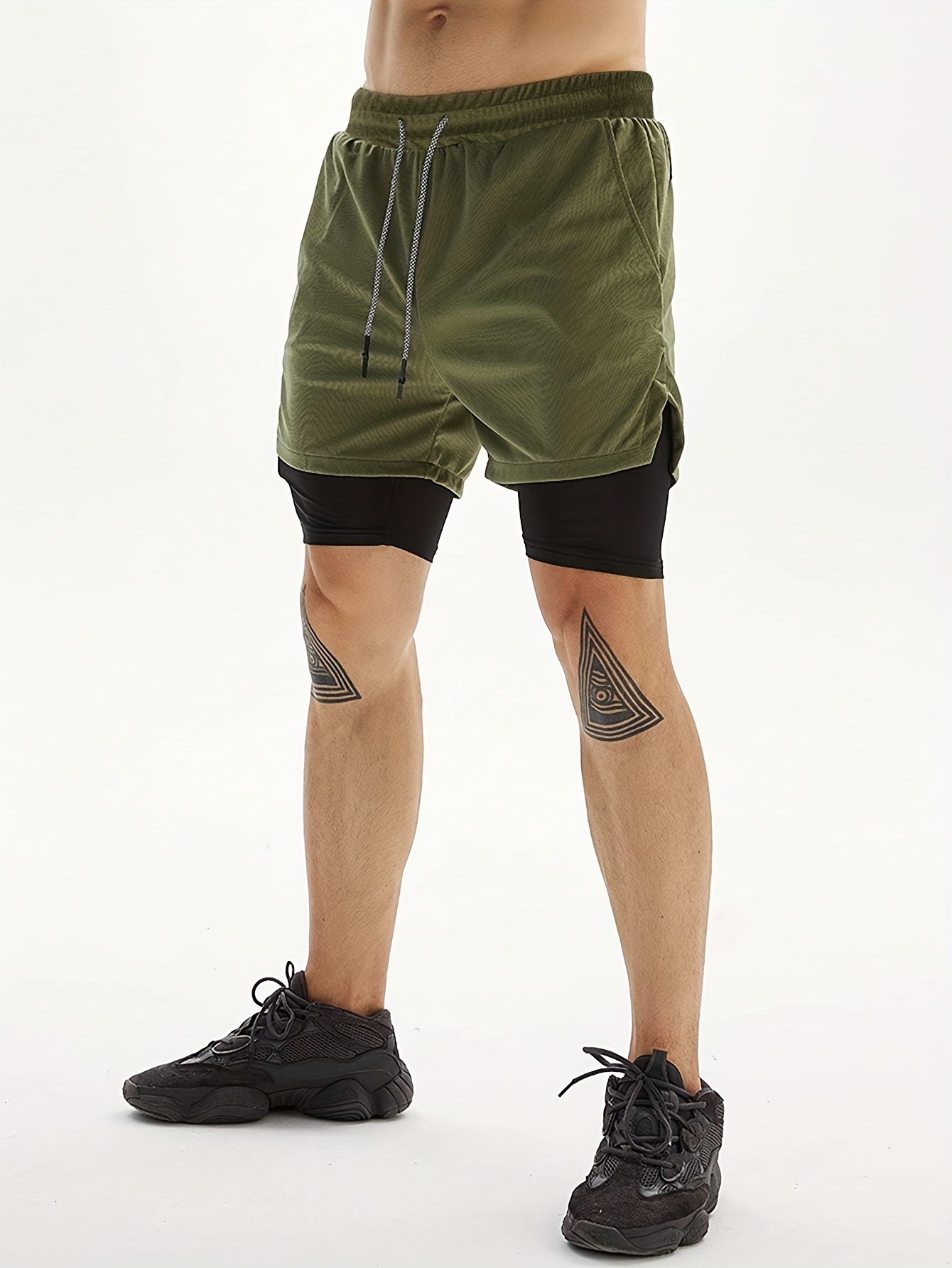 2 in 1 double layer shorts with inner pocket mens mid stretch sports shorts for summer gym workout training details 33