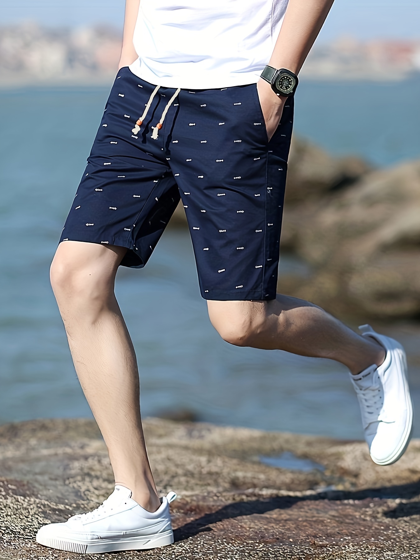 casual cotton slightly stretch fish bone pattern drawstring shorts mens cropped pants for summer details 5