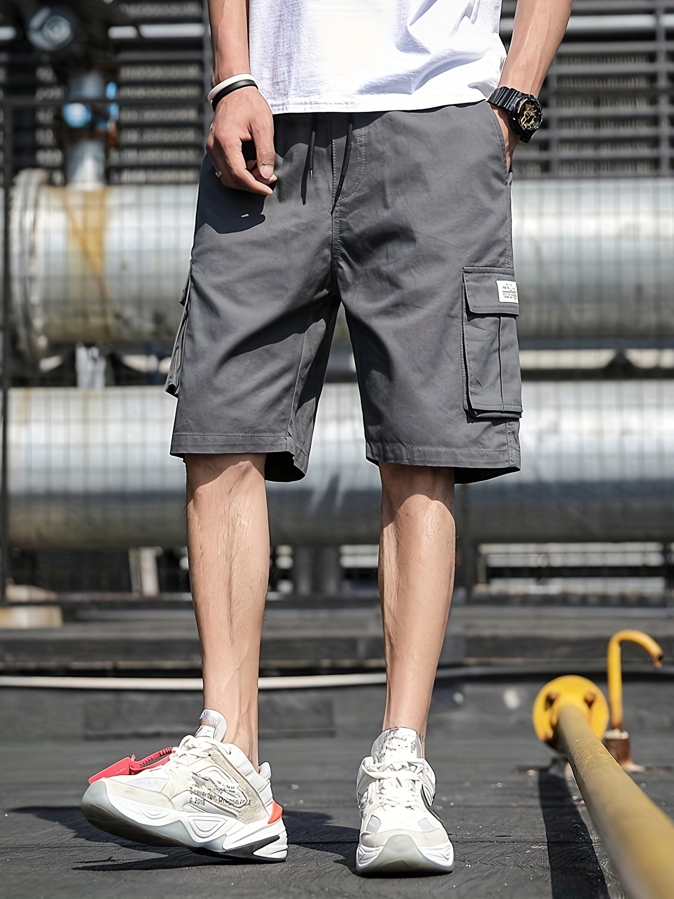 mens multi pocket cargo shorts casual waist drawstring cargo shorts for summer details 2