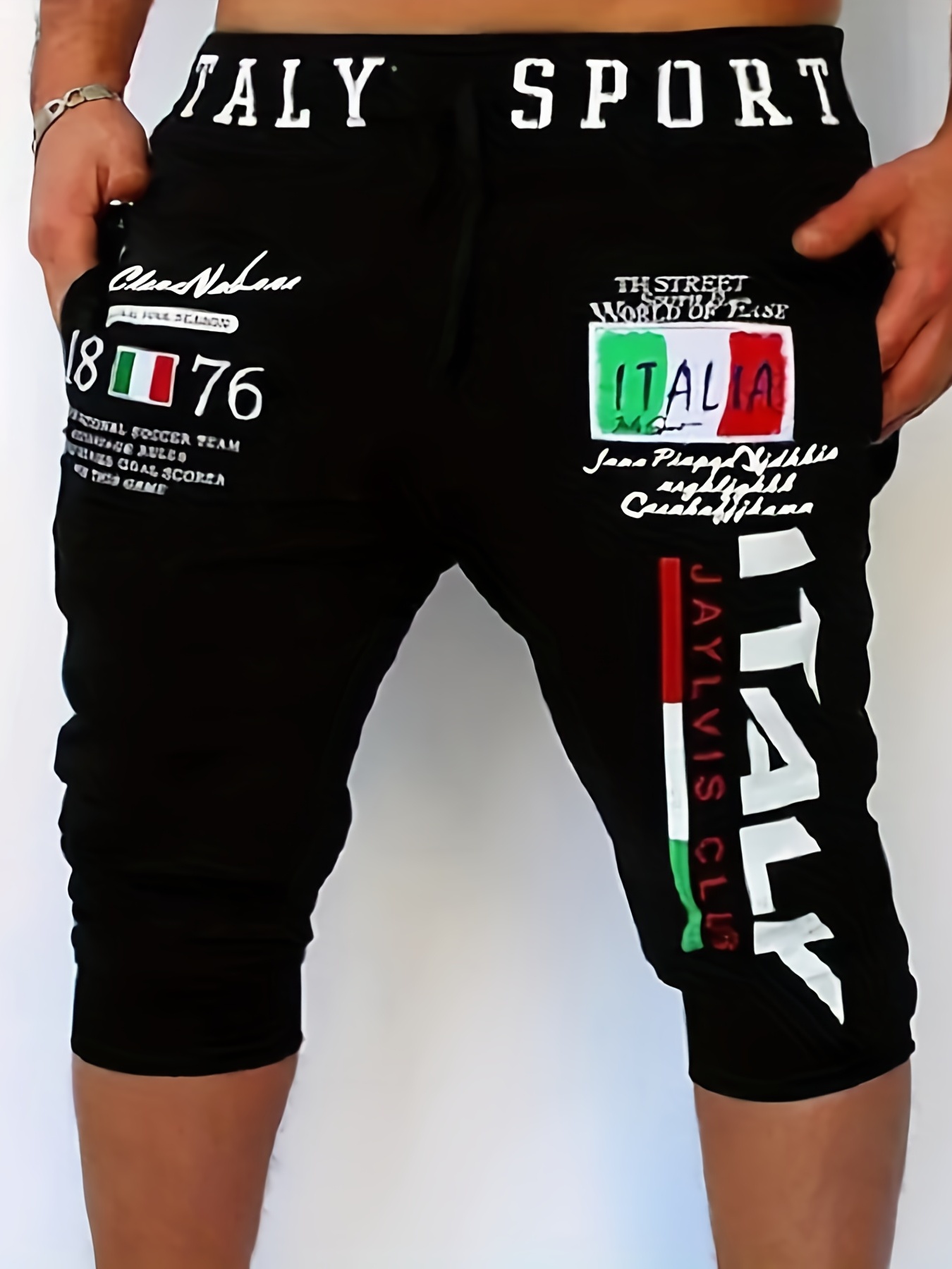 italy flag letter print comfy shorts mens casual solid color slightly stretch elastic waist drawstring shorts for summer details 5