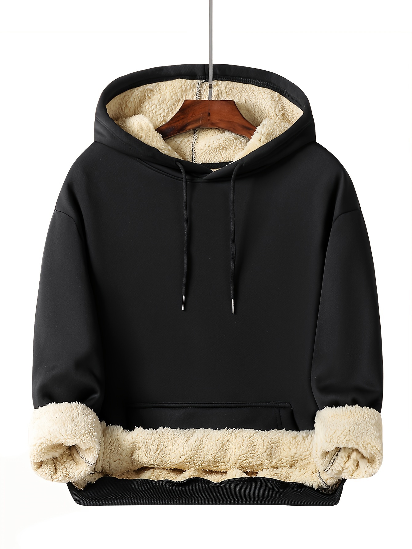 cool fleece hoodies for men mens casual solid design pullover hooded sweatshirt with kangaroo pocket streetwear for winter fall as gifts details 3