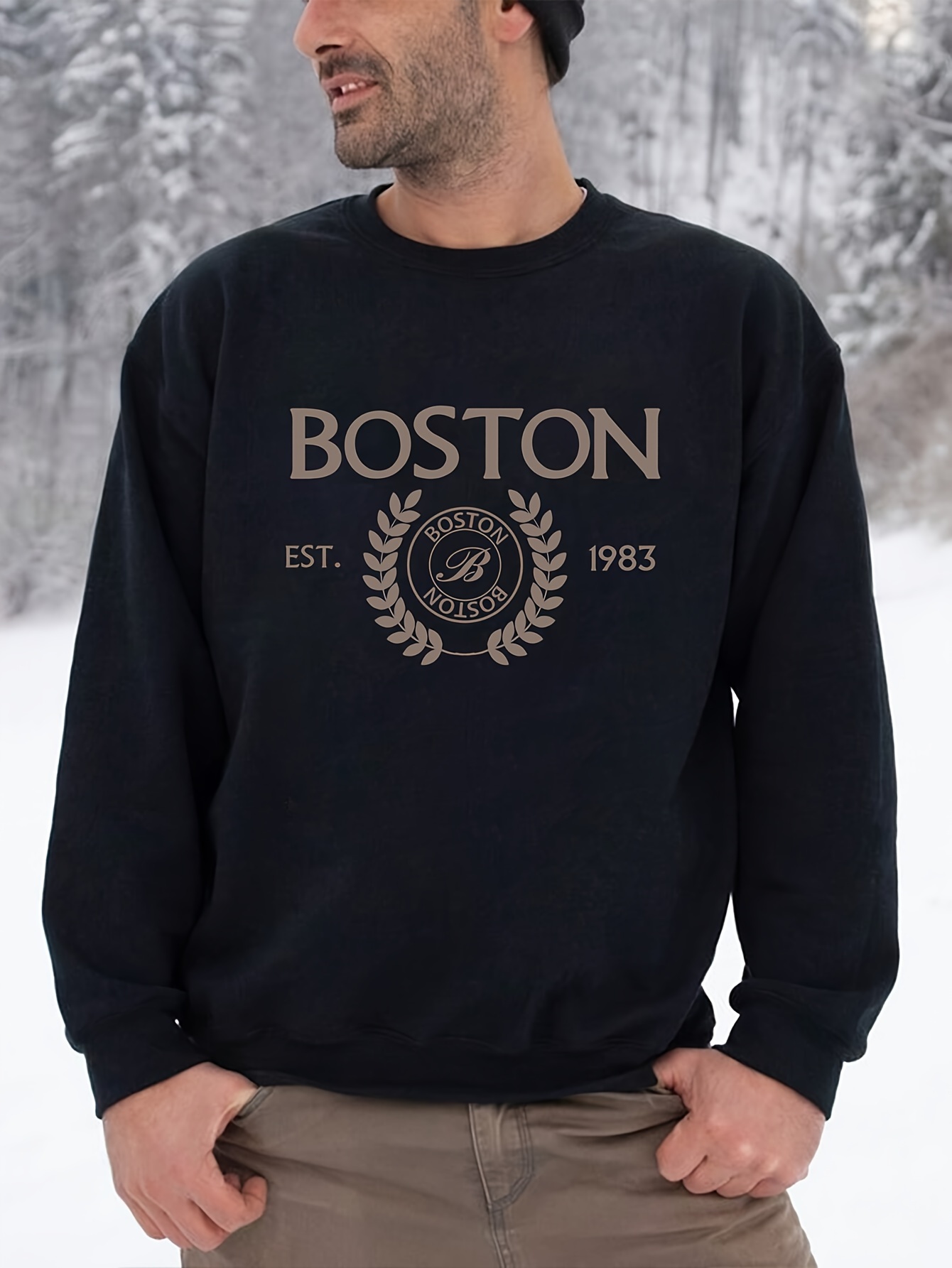 mens pullover round neck long sleeve sweatshirt letter boston pattern casual top for autumn winter mens clothing details 18