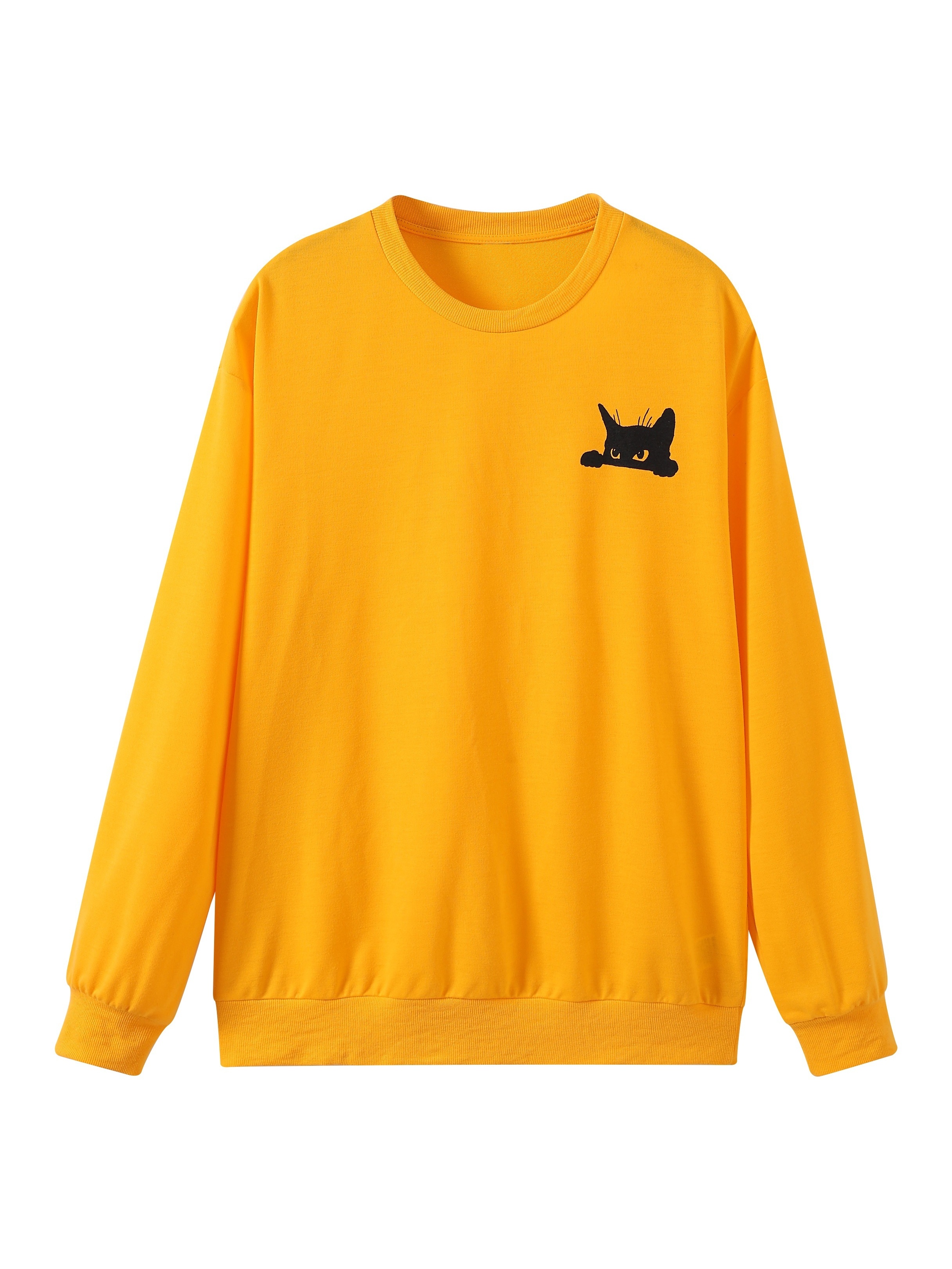 balck cat print sweatshirt mens casual graphic design slightly stretch crew neck pullover sweatshirt for spring fall details 13