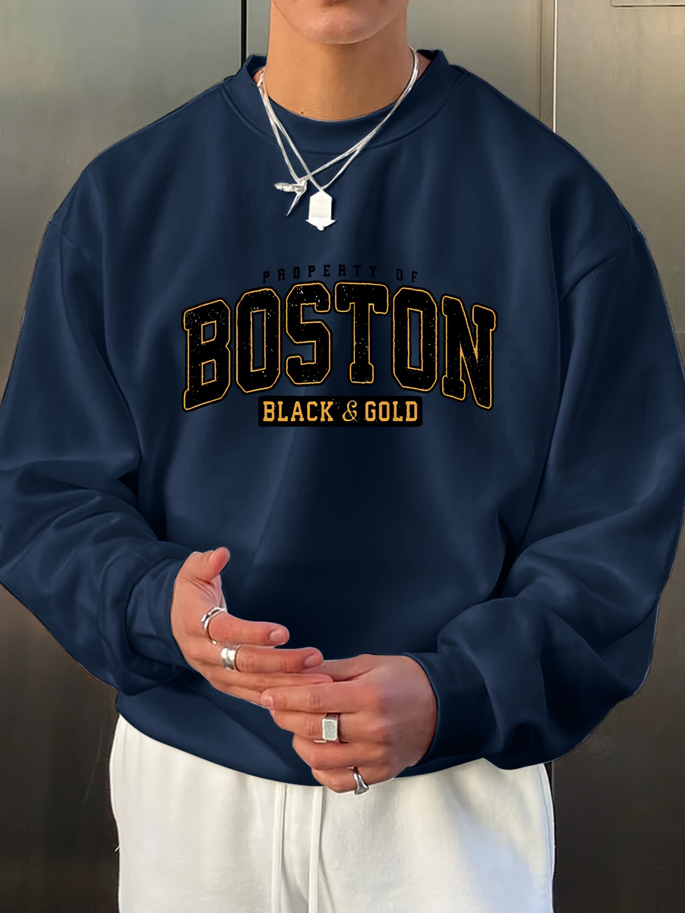 boston print fashionable mens casual long sleeve crew neck pullover sweatshirt suitable for outdoor sports for autumn spring can be paired with hip hop necklace as gifts details 0