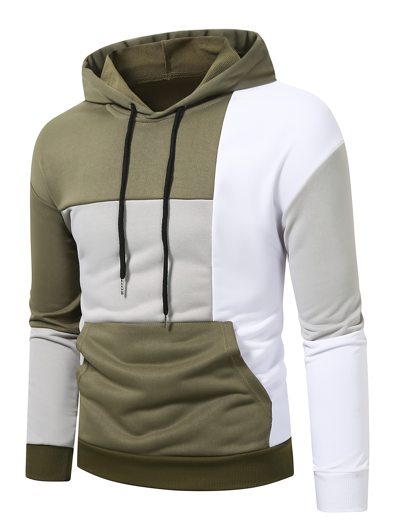 patchwork color block hoodie with kangaroo pocket mens casual solid color slightly stretch drawstring pullover hooded sweatshirt for spring fall details 20