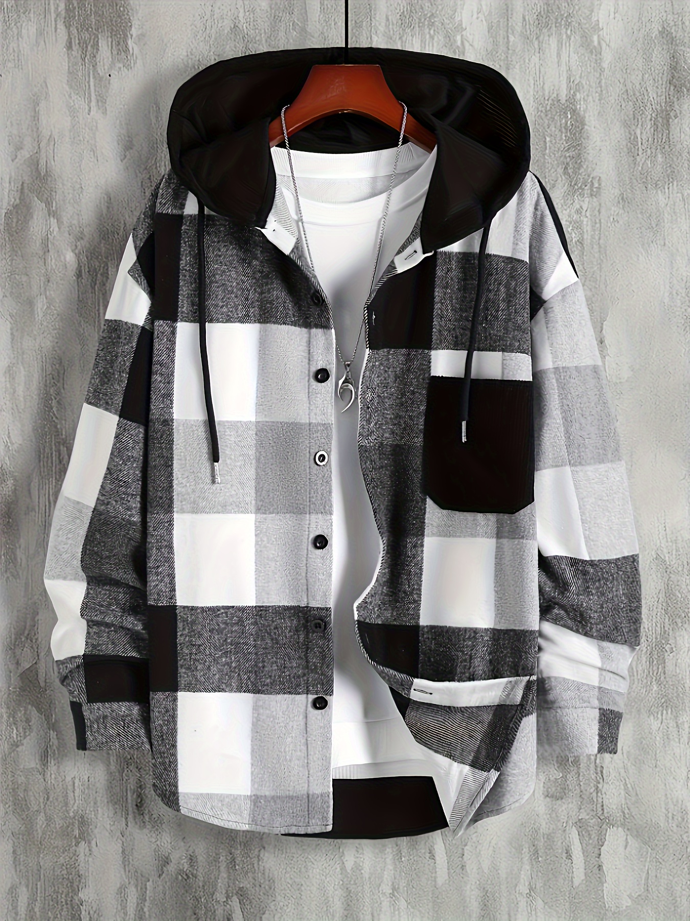 mens retro plaid hooded shirt jacket details 11